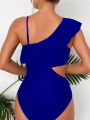 Cut Out Ruffle Trim Asymmetrical Neck One Piece Swimsuit