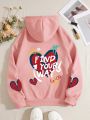 Heart & Slogan Graphic Drawstring Thermal Lined Hoodie