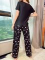 Women's Heart & Letter Printed Short Sleeve And Long Pants Pajama Set