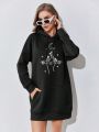 Moon & Hand Graphic Kangaroo Pocket Drop Shoulder Drawstring Hoodie Dress