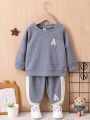 Baby Boy Letter Embroidery Sweatshirt & Contrast Side Seam Sweatpants