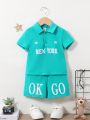 SHEIN Baby Boy Casual Outdoor Letter Pattern Short Sleeve Polo Shirt And Shorts Set