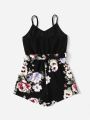 SHEIN Kids SUNSHNE Girls Button Front Belted Floral Cami Romper