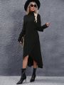 High Neck Batwing Sleeve Wrap Hem Sweater Dress (belt Not Included)