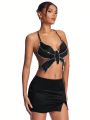 SHEIN BAE Black Butterfly & Rhinestone Chain Trimmed Cross Back Crop Top And Mini Skirt Set, Perfect For Music Festival, Nightclub, Party And Date Night