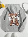 SHEIN Qutie Bear Print Kangaroo Pocket Drawstring Thermal Hoodie