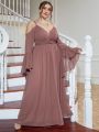 Plus Cold Shoulder Flounce Sleeve Ruched Split Thigh Bridesmaid Dress