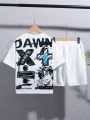 SHEIN Kids EVRYDAY Boys' Street Style Casual Cartoon Printed Short Sleeve T-Shirt And Knitted Shorts Outfit, Summer