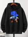 Men Plus Bear Print Kangaroo Pocket Drawstring Thermal Hoodie