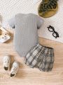 Boys Baby Plaid Bow Front Bodysuit & Pinafore Shorts