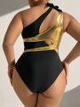 SHEIN Swim SXY Plus Size Women'S Color Blocking One Shoulder One-Piece Swimsuit