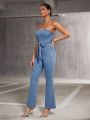 SHEIN BAE Women'S Strapless Waist Belt Denim Jumpsuit