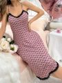 Ladies' Full Print Heart-Shaped Pattern Lace Trimmed Spaghetti Strap Nightgown