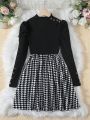 SHEIN Tween Girl Houndstooth Print Mock Neck Puff Sleeve Dress