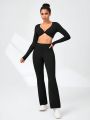 SHEIN Daily&Casual Ladies' Solid Color Cropped Top And High Waist Long Pants Sports Suit