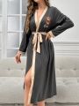 Women's Color-contrast Belted Sleep Robe With Teddy Bear & English Letter Print