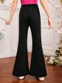 SHEIN Kids FANZEY Teen Girls' Elegant Long Decorative Button Detail Slim Fit Flare Pants