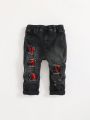 SHEIN Baby Boys' Elastic Waistband Comfortable High Stretch Slim-Fit Contrast Color Soft Washed Denim Pants