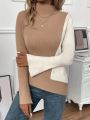 SHEIN LUNE Color Block Stand Collar Asymmetric Hem Sweater