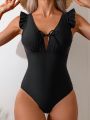 Ladies' One-Piece Swimsuit With Ruffle Trim And Deep V-Neck