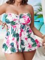 SHEIN Swim Vcay Plus Size Tropical Printed Ruffled Bandeau Bikini Set With High Waisted Bottom