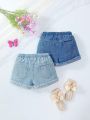 Young Girls' Retro College Style Bowknot Print Elastic Waist Drawstring Wide Leg Comfortable Denim Shorts Two-Piece Set