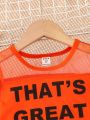 SHEIN Kids EVRYDAY Toddler Girls' Casual Orange Letter Printed Sheer Sleeve T-Shirt And Mesh Skirt 2pcs/Set