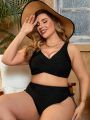 SHEIN Swim Chicsea Plus Size Women'S Solid Color V-Neck Bikini Swimsuit Set