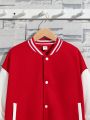 SHEIN Kids HYPEME Boys' Casual Baseball Jacket With Letter Print, Color Block Sleeves And Medium Thickness