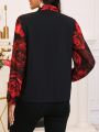 SHEIN LUNE Floral Print Patchwork Collar Tie Front Long Sleeve Shirt