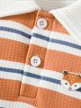 Striped Print Collared Polo Neckline Front Snap-up Long Sleeve For Baby Boys