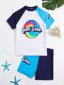 Tween Boys' Color Block Letter & Tie Dye Pattern Insert Short Sleeve Top And Shorts Swimsuit Set