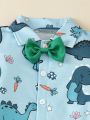 Baby Boy Cute Dinosaur Pattern Bow Tie Short-Sleeved Shirt + Suspender Shorts Set