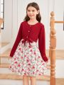 SHEIN Tween Girls' Woven Round Neck Patchwork Floral Dress, Mommy And Me Matching Outfits (2 Pieces Are Sold Separately)