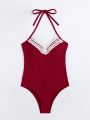 SHEIN Swim BohoFeel Lace Splice Halter One-piece Swimsuit