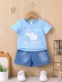 Baby Boy Letter Graphic Tee & Washed Denim Shorts