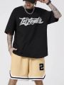 ROMWE Prep Guys Letter Printed T-shirt And Striped Trim Drawstring Waist Shorts Set