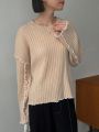 FRIFUL Women'S Round Neck Hollow Out Stripe Drop Shoulder Sweater