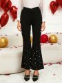 EMERY ROSE Romantic Valentine's Day Faux Pearl Beaded Women Bell-Bottom Pants
