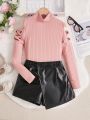 SHEIN Kids FANZEY Girls' Two-piece Set Of Knitted Solid Color Stand-up Collar Fitted Top And Woven Pu Leather Skirt