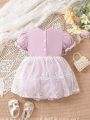 Baby Girl Puff Sleeve Lace Spliced Dress Style Jumpsuit