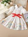 Little Girls' Button Half Placket Floral Print Shirt Collar Dress