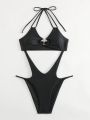 SHEIN Swim BAE Women's One-piece Swimsuit With Metal Decorated Hollow Out Neckline