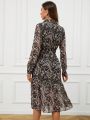 Women's Long Sleeve Paisley Print Dress With Belted Waist