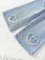 Young Girl Frayed Heart Wide Leg Jeans