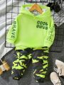 Baby Girls' Street Fashionable Hooded Sweatshirt With Letter Print And Camo Utility Pants With Elastic Waistband, 2pcs/Set