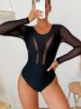 Women'S Paneled Mesh Long-Sleeved One-Piece Swimsuit