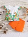 Baby Girls' Giraffe & Tropical Print Cap Sleeve Top And Solid Shorts Outfit