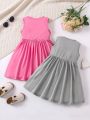 SHEIN Kids QTFun Little Girls' Fashion Sleeveless 2pcs Pink & Grey Casual Dresses With Letter Print, Summer