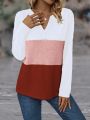 Color Block Notched Neckline Long Sleeve T-Shirt